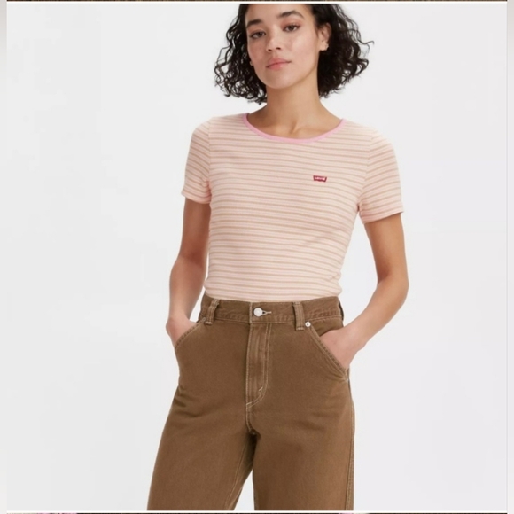 Levi's Yellow Ribbed Stripe Tee Shirt Size S - Picture 3 of 3